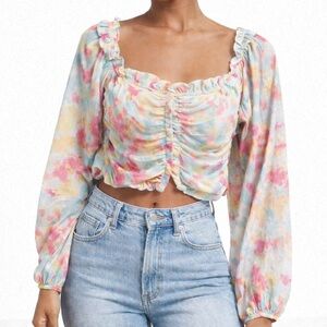 PRIVY Pastel Tie-Dye Smocked Puff Sleeve Crop Top